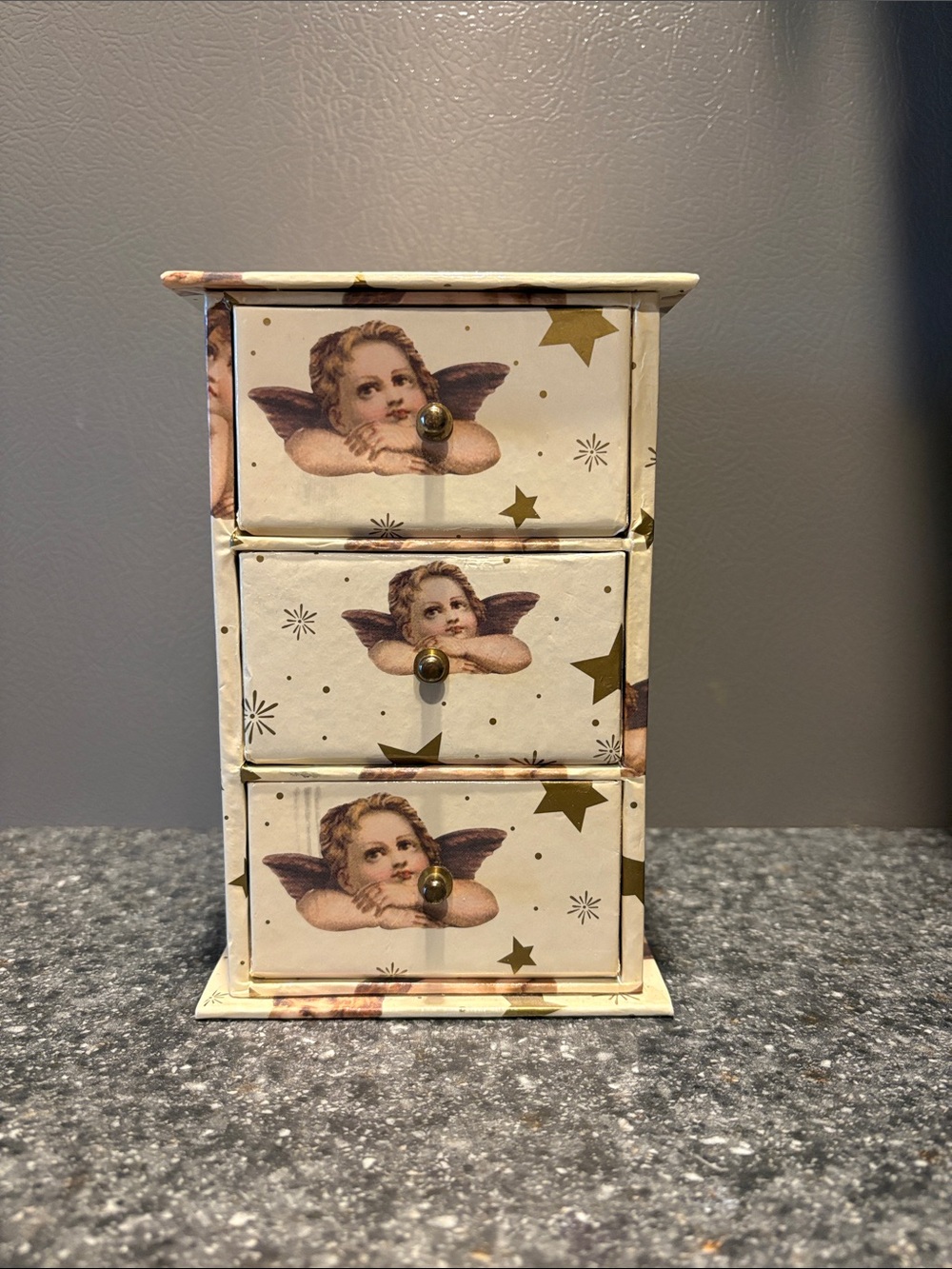 Cherub Three-Drawer Decorative Jewelry Box - Cream & Gold Stars